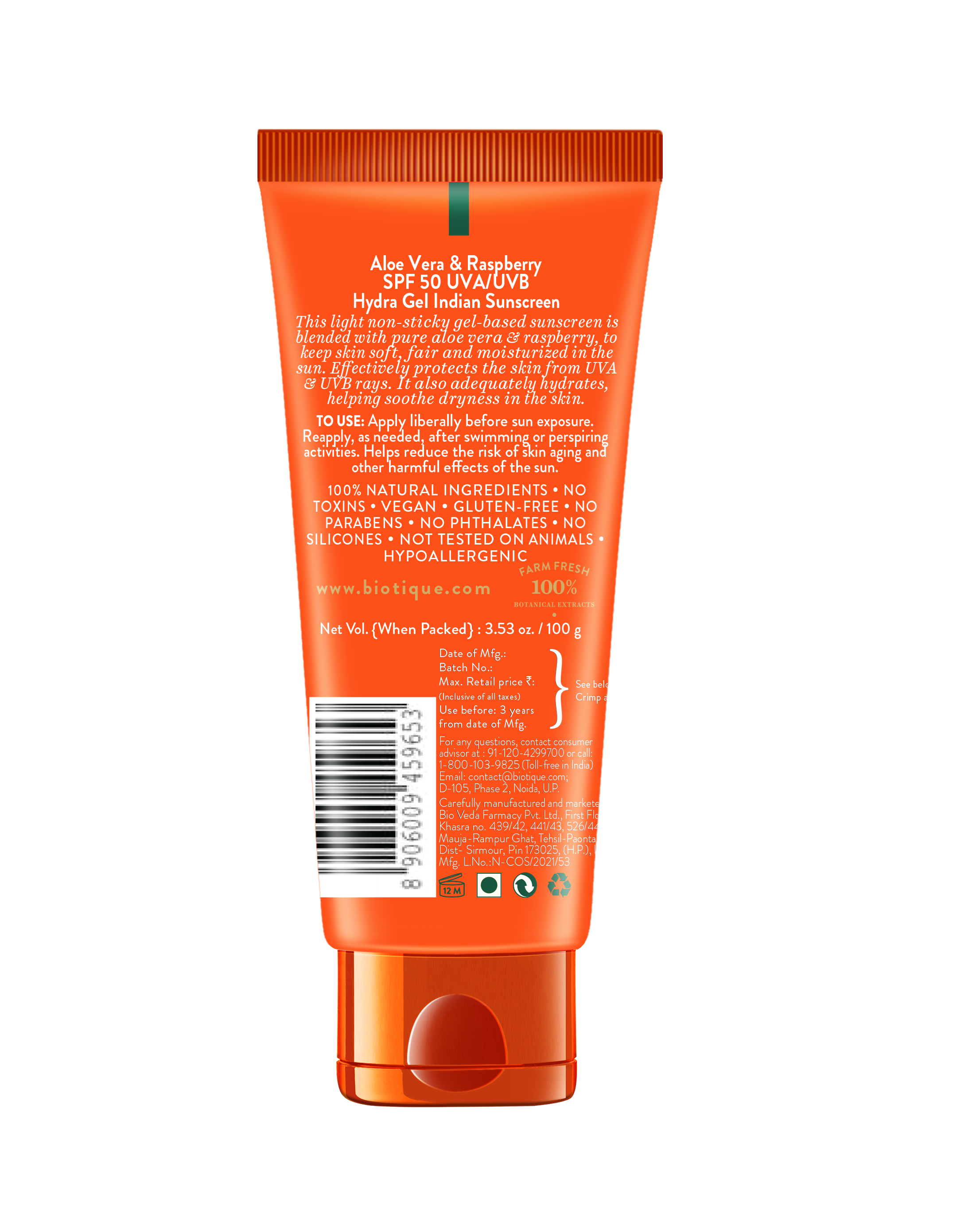Biotique aloe vera & raspberry spf 50 hydra gel indian sunscreen 100g